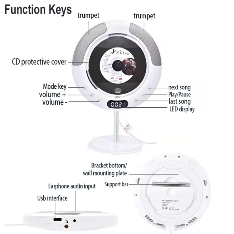 Kecag KC-607 Wall Mounted Bluetooth Compact Disc Album CD Player(White) - DVD & LCD Player by Kecag | Online Shopping South Africa | PMC Jewellery | Buy Now Pay Later Mobicred