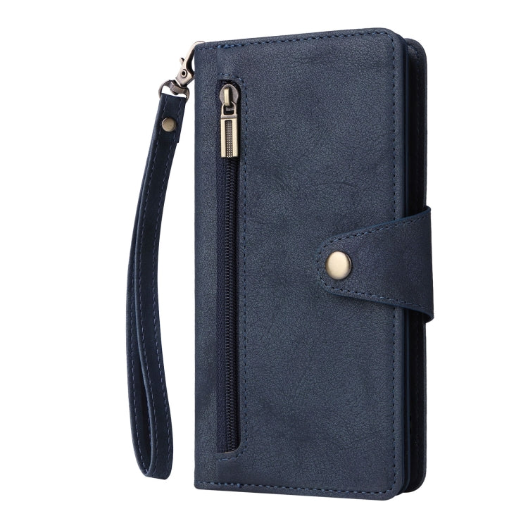 For Google Pixel 6a Rivet Buckle 9 Cards Three Fold Leather Phone Case(Blue) - Google Cases by PMC TechLife | Online Shopping South Africa | PMC TechLife | Buy Now Pay Later Mobicred