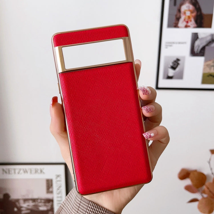 For Google Pixel 6 Pro Nano Electroplating Cross Texture Genuine Leather Phone Case(Red) - Google Cases by PMC TechLife | Online Shopping South Africa | PMC TechLife | Buy Now Pay Later Mobicred