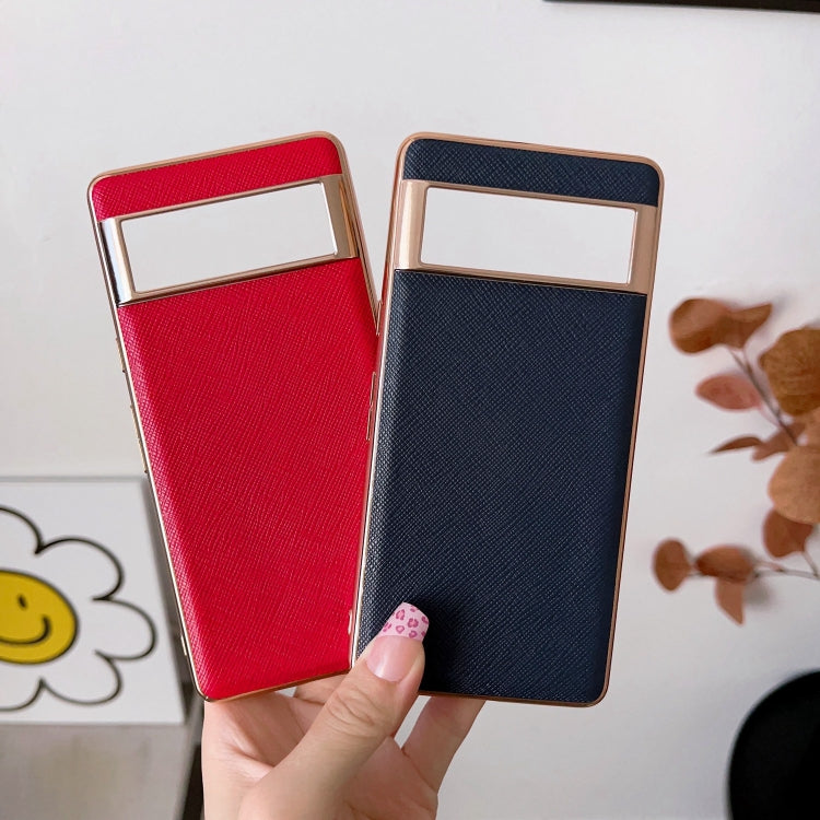 For Google Pixel 6 Nano Electroplating Cross Texture Genuine Leather Phone Case(Black) - Google Cases by PMC TechLife | Online Shopping South Africa | PMC TechLife | Buy Now Pay Later Mobicred