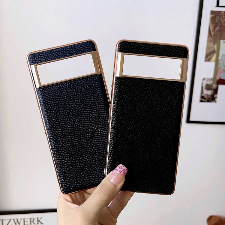 For Google Pixel 7 5G Nano Electroplating Cross Texture Genuine Leather Phone Case(Blue) - Google Cases by PMC TechLife | Online Shopping South Africa | PMC TechLife | Buy Now Pay Later Mobicred