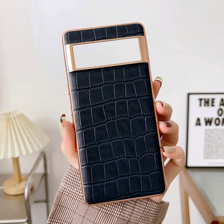 For Google Pixel 7 Crocodile Texture Genuine Leather Electroplating Phone Case(Blue) - Google Cases by PMC TechLife | Online Shopping South Africa | PMC TechLife | Buy Now Pay Later Mobicred