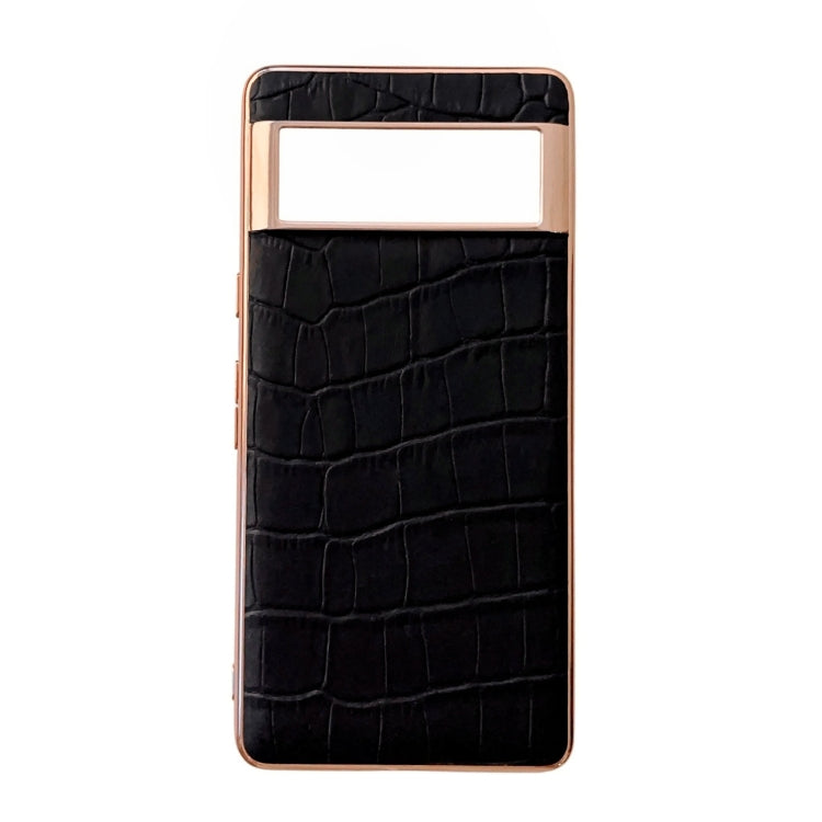 For Google Pixel 6a Crocodile Texture Genuine Leather Electroplating Phone Case(Black) - Google Cases by PMC TechLife | Online Shopping South Africa | PMC TechLife | Buy Now Pay Later Mobicred