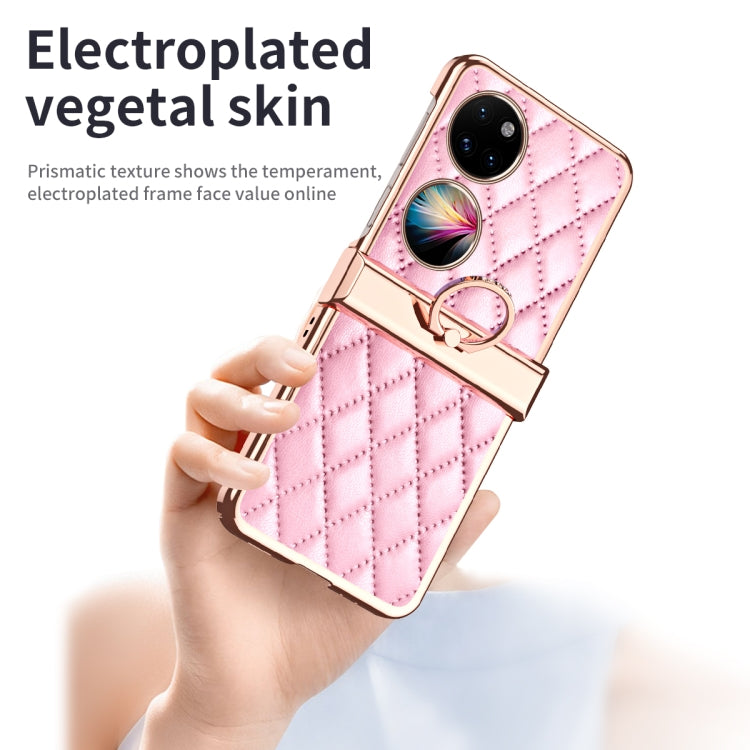 For Huawei P50 Pocket Grid Leather Pattern Electroplating Frame Folding Phone Case(Pink) - Huawei Cases by PMC TechLife | Online Shopping South Africa | PMC TechLife | Buy Now Pay Later Mobicred