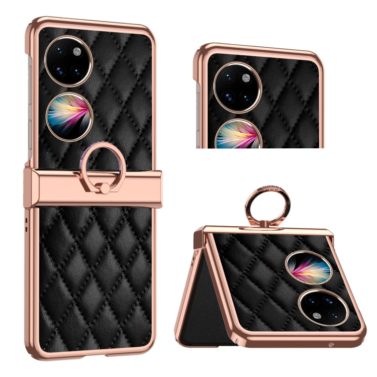 For Huawei P50 Pocket Grid Leather Pattern Electroplating Frame Folding Phone Case(Black) - Huawei Cases by PMC TechLife | Online Shopping South Africa | PMC TechLife | Buy Now Pay Later Mobicred