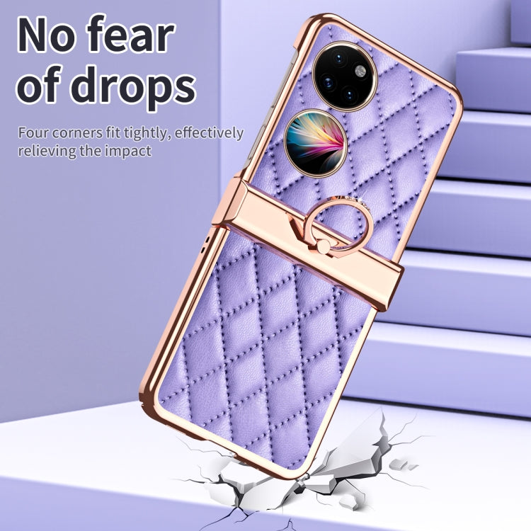 For Huawei P50 Pocket Grid Leather Pattern Electroplating Frame Folding Phone Case(Purple) - free shipping - PMC TechLife - Order now!