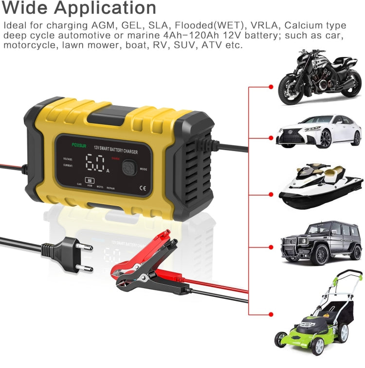 FOXSUR 6A 12V Motorcycle / Car Smart Battery Charger, Plug Type:UK Plug(Yellow) - free shipping - PMC TechLife - Order now!