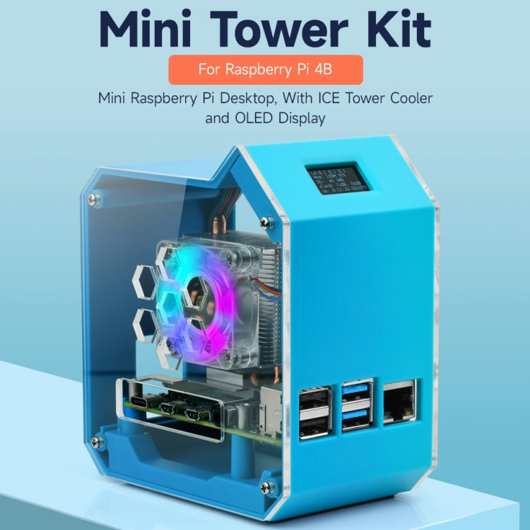 For Raspberry Pi 4B Waveshare Desktop Computer Fan LED Light Mini Tower Set(Blue) - free shipping - PMC Jewellery - Order now!