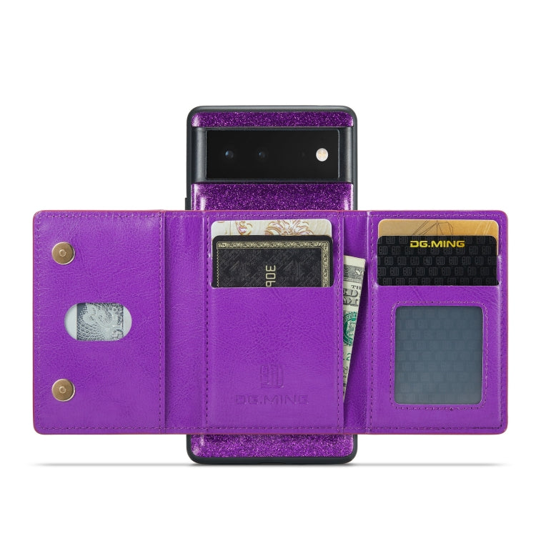 For Google Pixel 6 DG.MING M3 Series Glitter Powder Card Bag Leather Case(Dark Purple) - Google Cases by DG.MING | Online Shopping South Africa | PMC TechLife | Buy Now Pay Later Mobicred