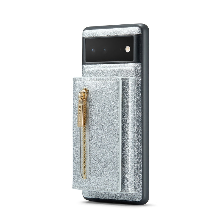 For Google Pixel 6a DG.MING M3 Series Glitter Powder Card Bag Leather Case(Silver) - Google Cases by DG.MING | Online Shopping South Africa | PMC TechLife | Buy Now Pay Later Mobicred
