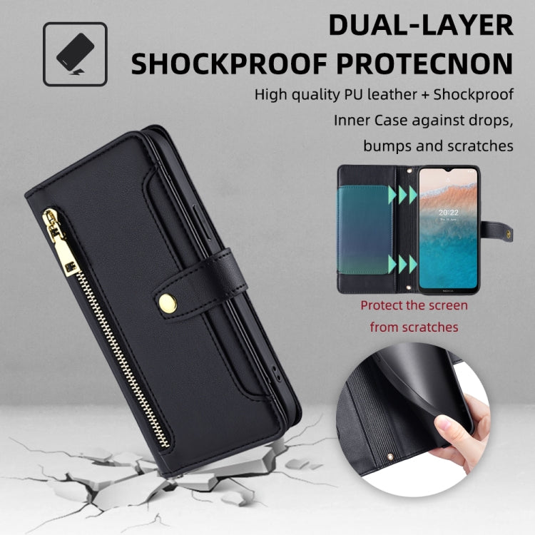 For Nokia C21 Plus Sheep Texture Cross-body Zipper Wallet Leather Phone Case(Black) - free shipping - PMC TechLife - Order now!