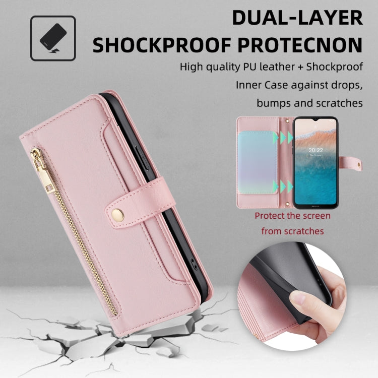 For Nokia C21 Plus Sheep Texture Cross-body Zipper Wallet Leather Phone Case(Pink) - Nokia Cases by PMC TechLife | Online Shopping South Africa | PMC TechLife | Buy Now Pay Later Mobicred