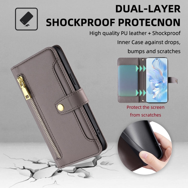For Honor 80 Sheep Texture Cross-body Zipper Wallet Leather Phone Case(Grey) - Honor Cases by PMC TechLife | Online Shopping South Africa | PMC TechLife | Buy Now Pay Later Mobicred