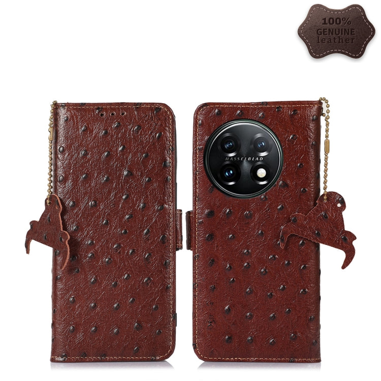 For OnePlus 11 5G Ostrich Pattern Genuine Leather RFID Phone Case(Coffee) - OnePlus Cases by PMC TechLife | Online Shopping South Africa | PMC TechLife | Buy Now Pay Later Mobicred