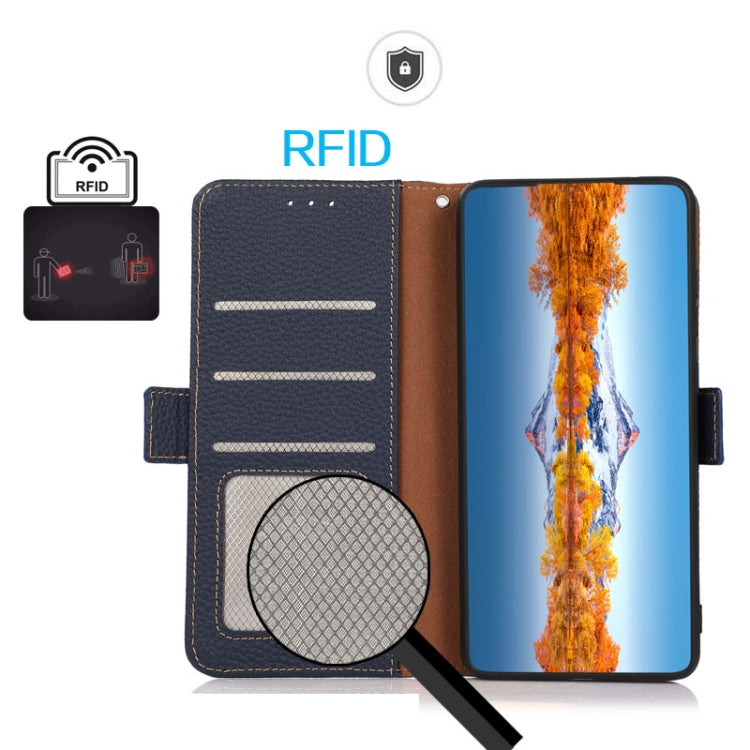 For OnePlus Nord CE 3 KHAZNEH Side-Magnetic Litchi Genuine Leather RFID Phone Case(Blue) - OnePlus Cases by PMC TechLife | Online Shopping South Africa | PMC TechLife | Buy Now Pay Later Mobicred