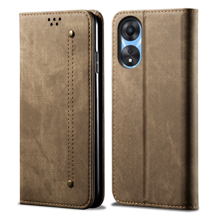 For OPPO A58 5G / A58x / A78 5G Denim Texture Leather Phone Case(Khaki) - OPPO Cases by PMC Jewellery | Online Shopping South Africa | PMC Jewellery | Buy Now Pay Later Mobicred