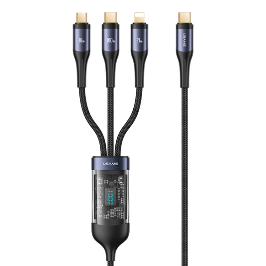 USAMS US-SJ600 U83 PD100W 3 in 1 Aluminum Alloy Transparent Digital Display Fast Charging Cable,Cable Length: 1.2m(Black) - Multifunction Cable by USAMS | Online Shopping South Africa | PMC Jewellery | Buy Now Pay Later Mobicred