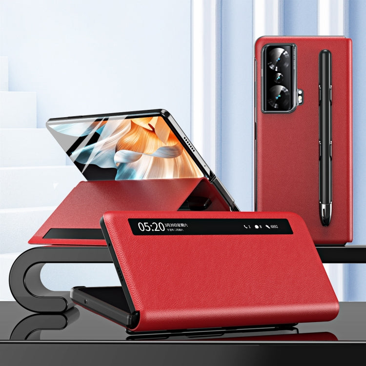 For Honor Magic Vs Side Window View Smart Lychee Texture Leather Phone Case with Pen Slot(Red) - Honor Cases by PMC TechLife | Online Shopping South Africa | PMC TechLife | Buy Now Pay Later Mobicred