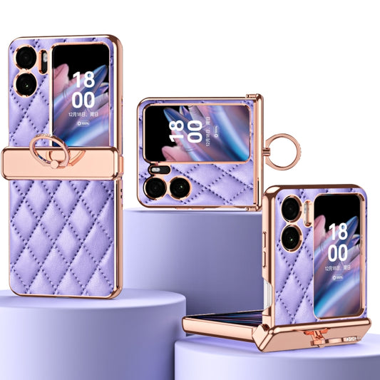 For OPPO Find N2 Flip Rhombus Pattern Electroplated Plain Leather Magnetic Phone Case with Ring(Purple) - Find N2 Flip Cases by PMC Jewellery | Online Shopping South Africa | PMC Jewellery