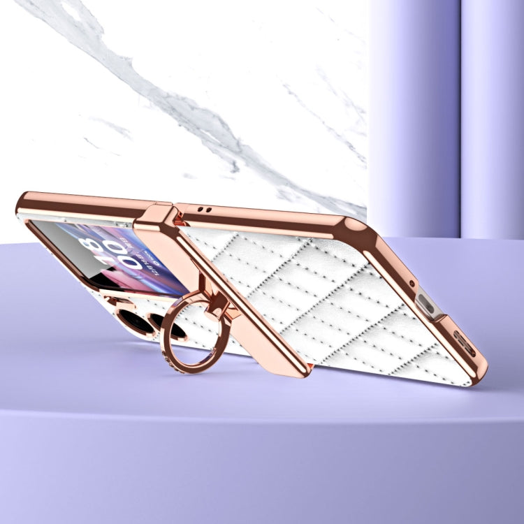 For OPPO Find N2 Flip Rhombus Pattern Electroplated Plain Leather Magnetic Phone Case with Ring(White) - Find N2 Flip Cases by PMC TechLife | Online Shopping South Africa | PMC TechLife | Buy Now Pay Later Mobicred