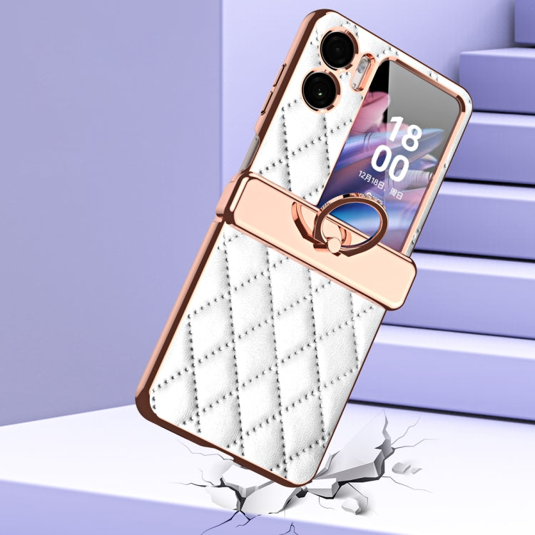 For OPPO Find N2 Flip Rhombus Pattern Electroplated Plain Leather Magnetic Phone Case with Ring(White) - Find N2 Flip Cases by PMC TechLife | Online Shopping South Africa | PMC TechLife | Buy Now Pay Later Mobicred