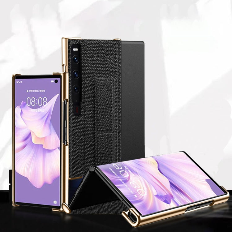For Huawei Mate Xs 2 Electroplated Cross Pattern Leather All-inclusive Phone Case with Stand(Sapphire Blue Black) - Huawei Cases by PMC TechLife | Online Shopping South Africa | PMC TechLife | Buy Now Pay Later Mobicred