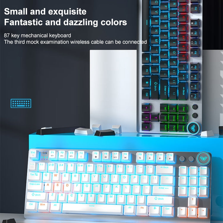 AULA F3001 Backlit 87 Keys Wired/Wireless/Bluetooth Three Model Mechanical Gaming Keyboard(Silver White Tea Shaft) - Wireless Keyboard by AULA | Online Shopping South Africa | PMC Jewellery | Buy Now Pay Later Mobicred