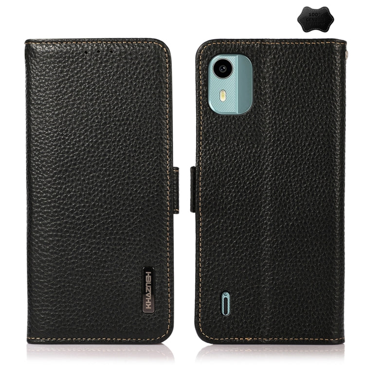 For Nokia C12 4G KHAZNEH Side-Magnetic Litchi Genuine Leather RFID Phone Case(Black) - Nokia Cases by PMC TechLife | Online Shopping South Africa | PMC TechLife | Buy Now Pay Later Mobicred