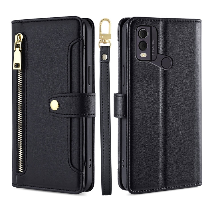 For Nokia C22 Sheep Texture Cross-body Zipper Wallet Leather Phone Case(Black) - Nokia Cases by PMC TechLife | Online Shopping South Africa | PMC TechLife | Buy Now Pay Later Mobicred