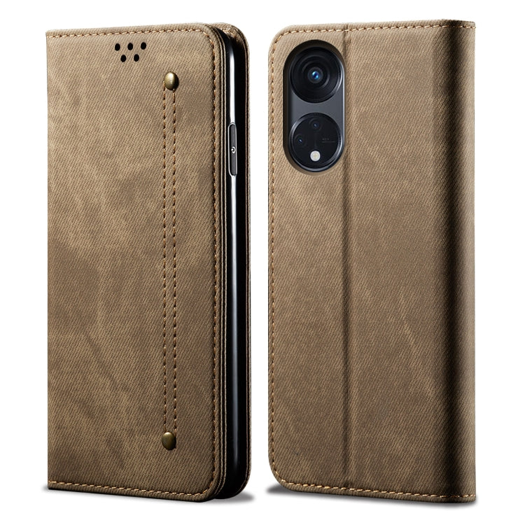 For OPPO A98 5G Denim Texture Casual Style Horizontal Flip Leather Case(Khaki) - OPPO Cases by PMC Jewellery | Online Shopping South Africa | PMC Jewellery