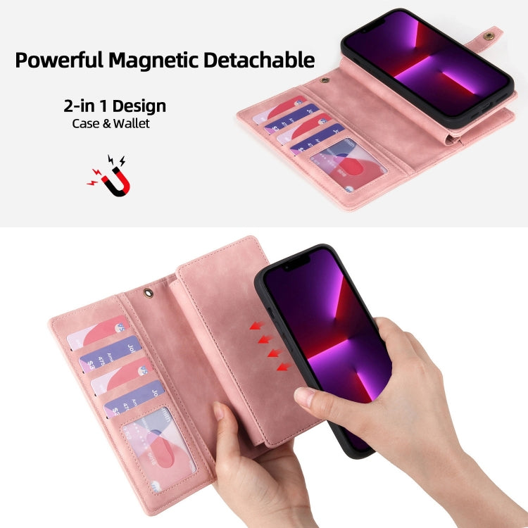For iPhone 13 Pro Max Zipper Wallet Detachable MagSafe Leather Phone Case(Pink) - iPhone 13 Pro Max Cases by PMC TechLife | Online Shopping South Africa | PMC TechLife