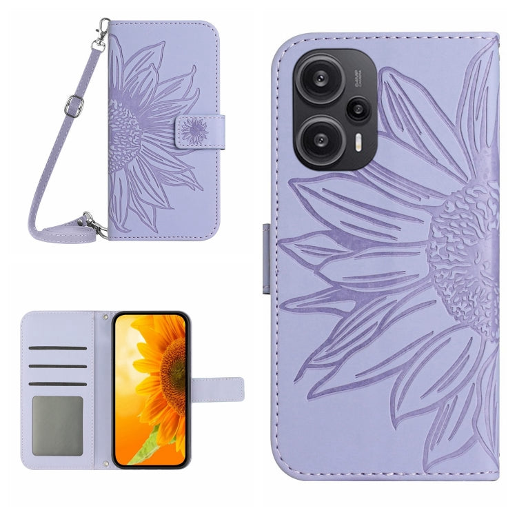 For Xiaomi Poco F5 Skin Feel Sun Flower Embossed Flip Leather Phone Case with Lanyard(Purple) - Xiaomi Cases by PMC Jewellery | Online Shopping South Africa | PMC Jewellery | Buy Now Pay Later Mobicred