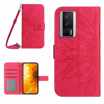 For Xiaomi Poco F5 Pro Skin Feel Sun Flower Embossed Flip Leather Phone Case with Lanyard(Rose Red) - Xiaomi Cases by PMC Jewellery | Online Shopping South Africa | PMC Jewellery | Buy Now Pay Later Mobicred