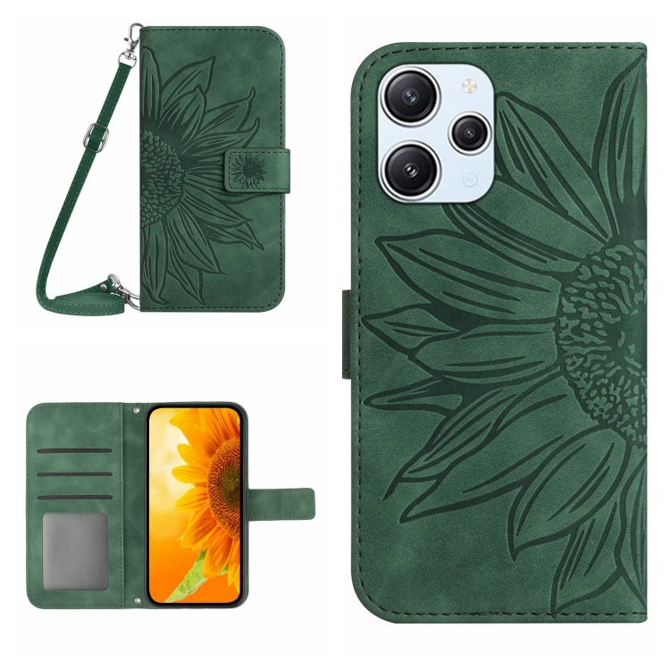 For Xiaomi Redmi 12 4G Global Skin Feel Sun Flower Embossed Flip Leather Phone Case with Lanyard(Green) - Xiaomi Cases by PMC Jewellery | Online Shopping South Africa | PMC Jewellery | Buy Now Pay Later Mobicred