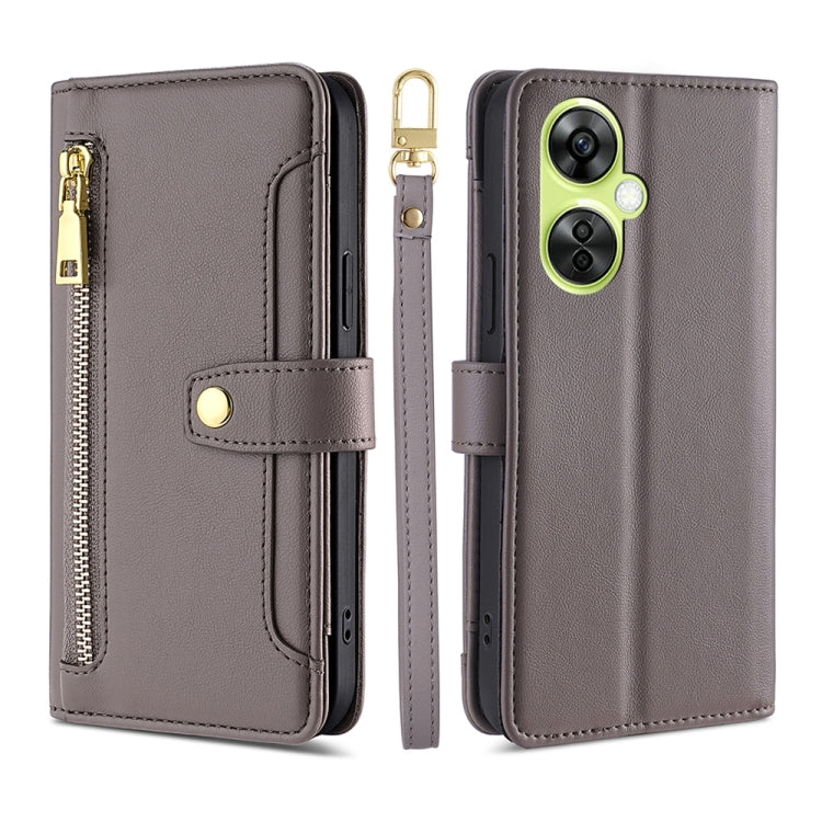 For OnePlus Nord CE 3 Lite 5G Sheep Texture Cross-body Zipper Wallet Leather Phone Case(Grey) - OnePlus Cases by PMC TechLife | Online Shopping South Africa | PMC TechLife | Buy Now Pay Later Mobicred