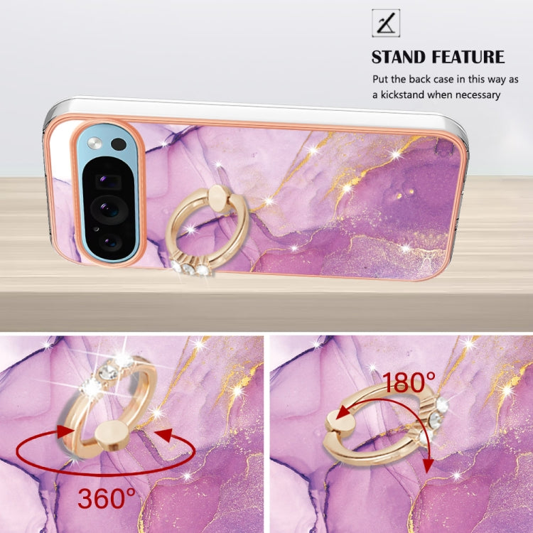 For Google Pixel 9 / 9 Pro Electroplating Marble IMD TPU Phone Case with Ring Holder(Purple 001) - Google Cases by PMC Jewellery | Online Shopping South Africa | PMC Jewellery | Buy Now Pay Later Mobicred