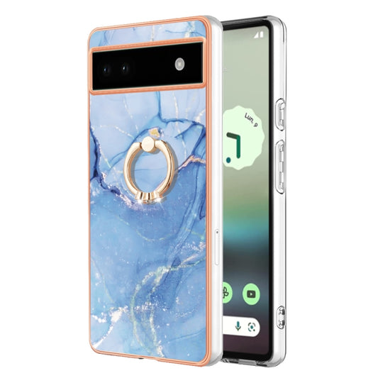 For Google Pixel 6a Electroplating Marble Dual-side IMD Phone Case with Ring(Blue 018) - Google Cases by PMC Jewellery | Online Shopping South Africa | PMC Jewellery | Buy Now Pay Later Mobicred