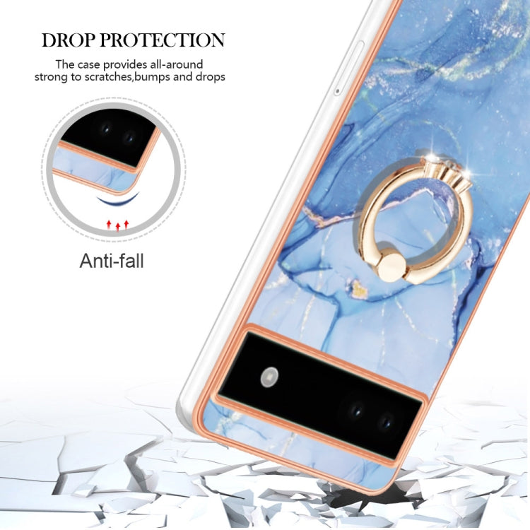 For Google Pixel 6a Electroplating Marble Dual-side IMD Phone Case with Ring(Blue 018) - Google Cases by PMC Jewellery | Online Shopping South Africa | PMC Jewellery | Buy Now Pay Later Mobicred