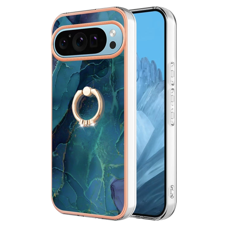 For Google Pixel 9 Pro XL Electroplating Marble Dual-side IMD Phone Case with Ring(Green 017) - Google Cases by PMC TechLife | Online Shopping South Africa | PMC TechLife | Buy Now Pay Later Mobicred