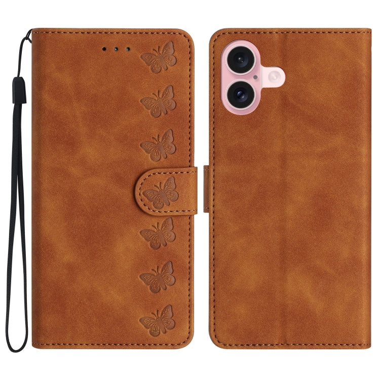 For iPhone 16 Seven Butterflies Embossed Leather Phone Case(Brown) - iPhone 16 Cases by PMC Jewellery | Online Shopping South Africa | PMC Jewellery | Buy Now Pay Later Mobicred