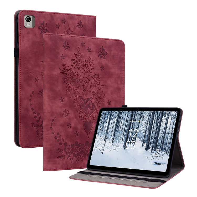 For Nokia T21 Butterfly Rose Embossed Leather Tablet Case(Red) - Honor Cases by PMC TechLife | Online Shopping South Africa | PMC TechLife | Buy Now Pay Later Mobicred