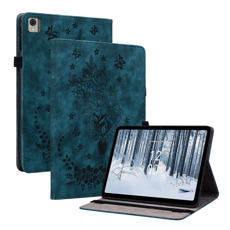 For Nokia T21 Butterfly Rose Embossed Leather Tablet Case(Dark Blue) - Honor Cases by PMC TechLife | Online Shopping South Africa | PMC TechLife | Buy Now Pay Later Mobicred