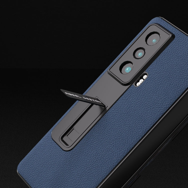 For Honor Magic Vs Integrated Genuine Leather + PC Litchi Texture Phone Case with Holder(Blue) - Honor Cases by PMC TechLife | Online Shopping South Africa | PMC TechLife | Buy Now Pay Later Mobicred