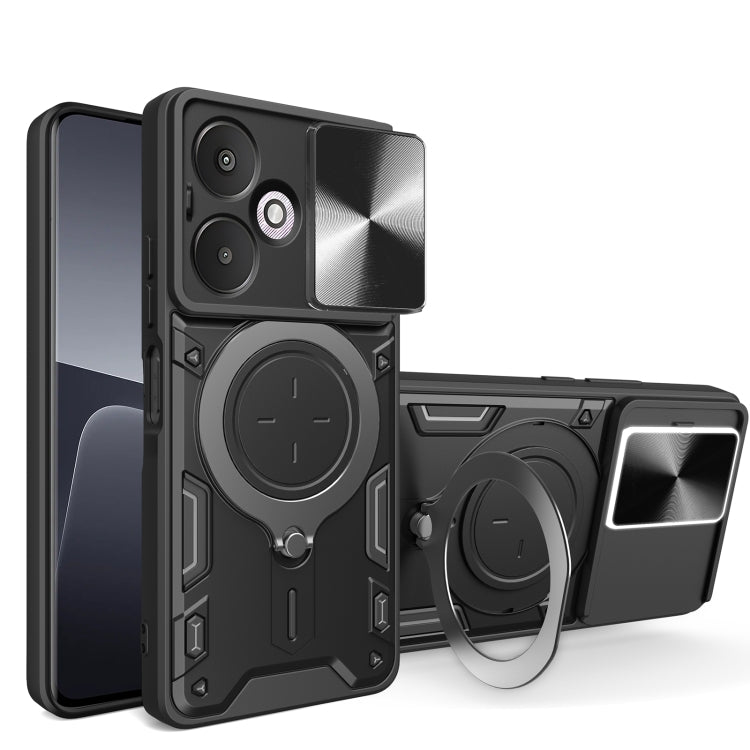 For Xiaomi Redmi 13C 5G Global CD Texture Sliding Camshield Magnetic Holder Phone Case(Black) - 13C Cases by PMC TechLife | Online Shopping South Africa | PMC TechLife | Buy Now Pay Later Mobicred