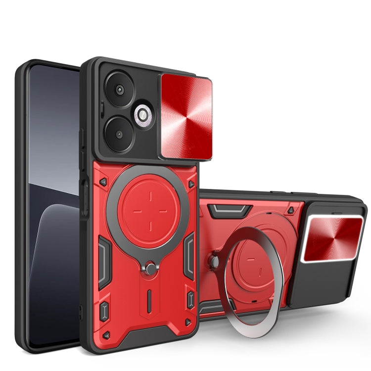 For Xiaomi Redmi 13C 5G Global CD Texture Sliding Camshield Magnetic Holder Phone Case(Red) - 13C Cases by PMC TechLife | Online Shopping South Africa | PMC TechLife | Buy Now Pay Later Mobicred