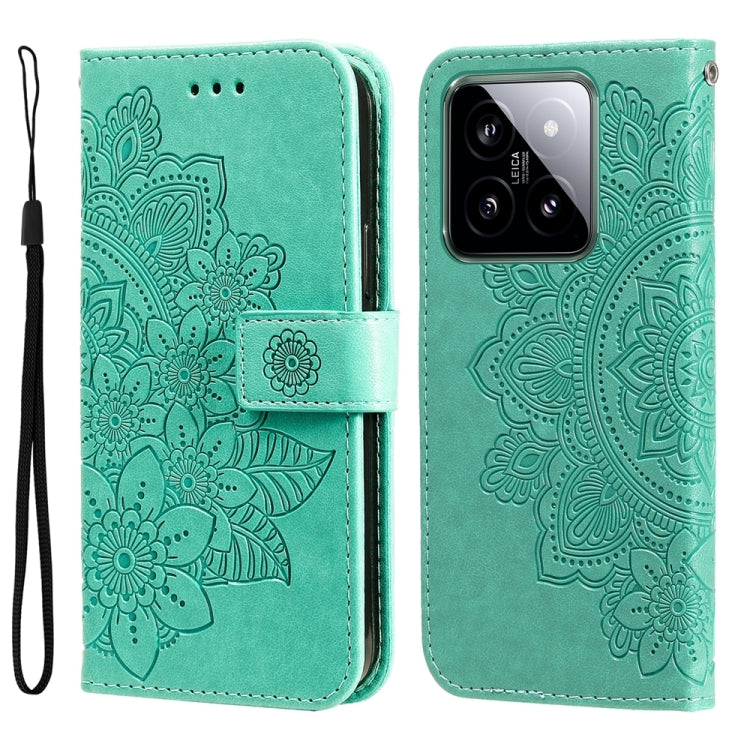 For Xiaomi 14 7-petal Flowers Embossing Leather Phone Case(Green) - 14 Cases by PMC TechLife | Online Shopping South Africa | PMC TechLife | Buy Now Pay Later Mobicred
