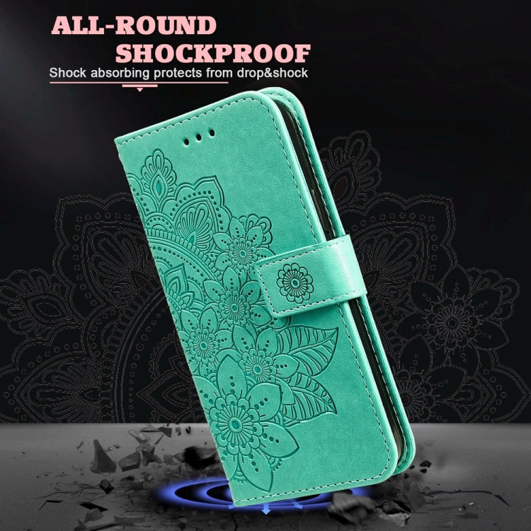 For Xiaomi 14 7-petal Flowers Embossing Leather Phone Case(Green) - 14 Cases by PMC TechLife | Online Shopping South Africa | PMC TechLife | Buy Now Pay Later Mobicred
