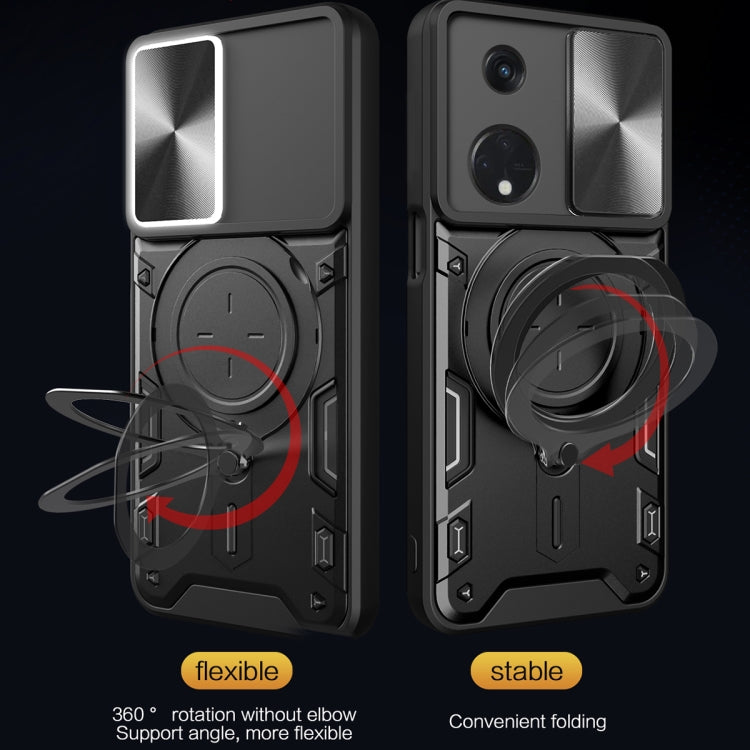For OPPO Reno8 T 5G CD Texture Sliding Camshield Magnetic Holder Phone Case(Silver) - OPPO Cases by PMC TechLife | Online Shopping South Africa | PMC TechLife | Buy Now Pay Later Mobicred