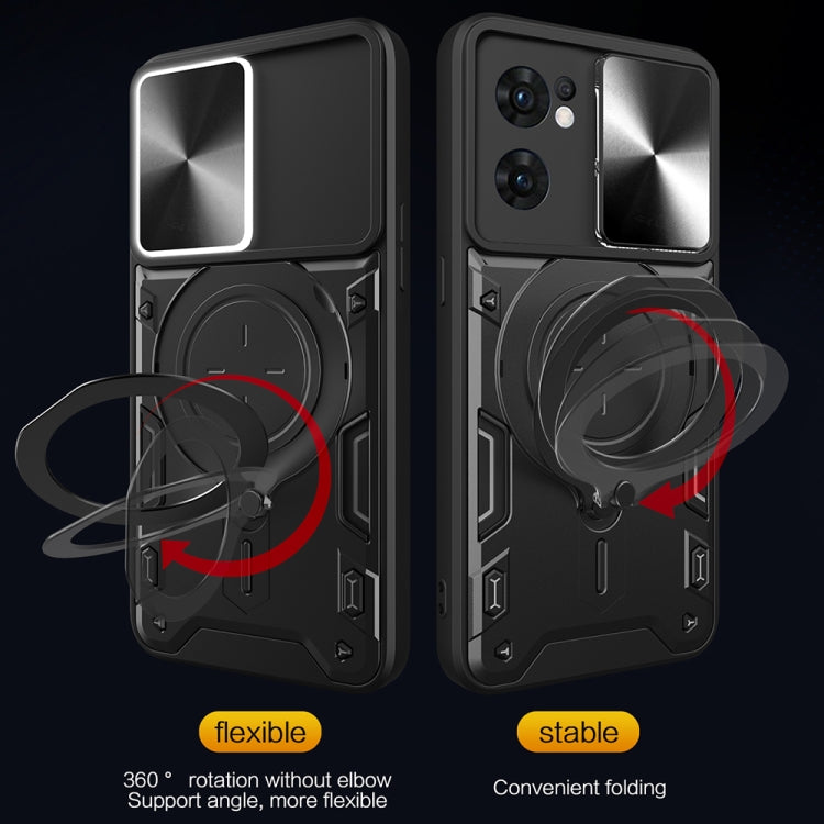 For OPPO Reno7 5G CD Texture Sliding Camshield Magnetic Holder Phone Case(Black) - free shipping - PMC TechLife - Order now!