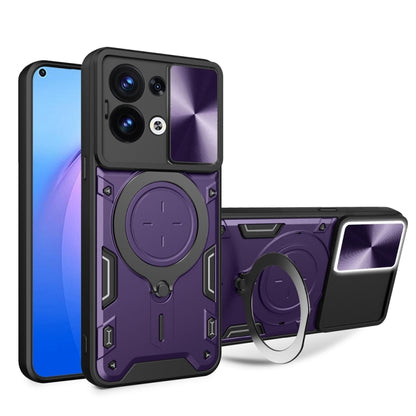 For OPPO Reno8 5G CD Texture Sliding Camshield Magnetic Holder Phone Case(Purple) - OPPO Cases by PMC Jewellery | Online Shopping South Africa | PMC Jewellery | Buy Now Pay Later Mobicred